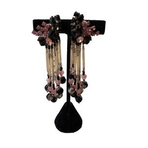 Earrings pink 4” pink Crystals  & black jet vintage silver glass 1” long glass